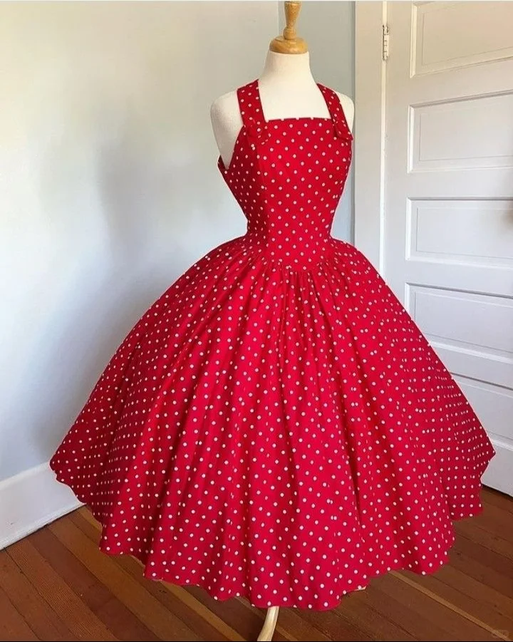 Red White Polka Dot 1950s Vintage Midi Dress, Square Neck Halter Strap Sleeveless High Waist Gathered Full Swing Skirt Cocktail Gown gh9090