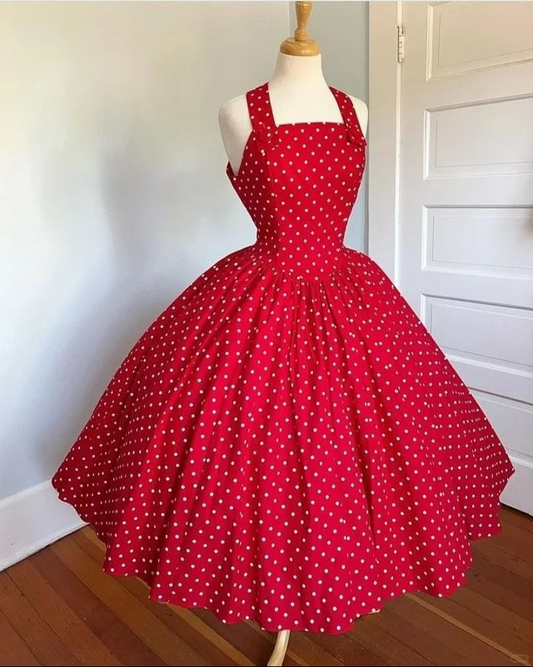 Red White Polka Dot 1950s Vintage Midi Dress, Square Neck Halter Strap Sleeveless High Waist Gathered Full Swing Skirt Cocktail Gown gh9090