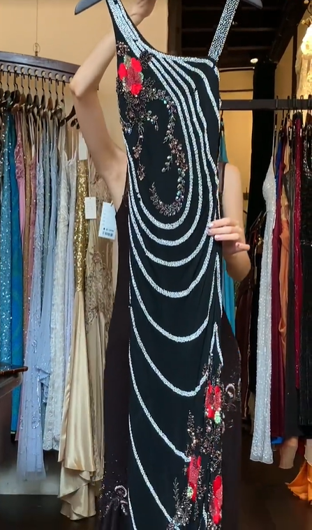 One Shoulder Black Chiffon Prom Dress Hand Beaded Circular Rhinestone 3D Red Flower Vintage Evening Gown gh9825