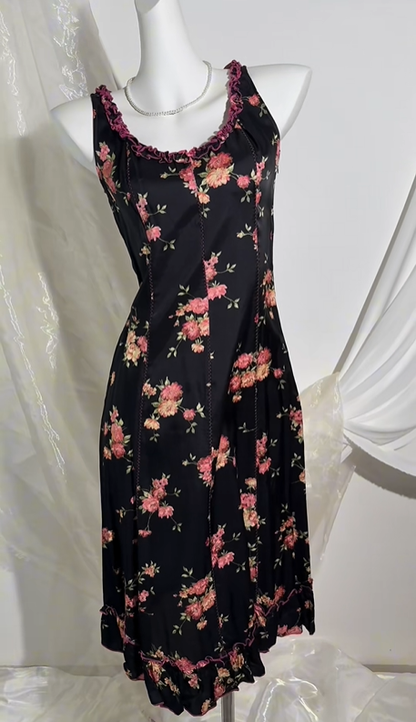 Sexy Vintage Short Prom & Evening Party Dress, Black Base With Pink Print, Sleeveless, Fitted Waist Slim Silhouette gh8566