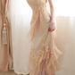 Women Champagne Long Evening Gown Spaghetti Straps 3D Floral Appliques Irregular Ruffled Skirt with Matching Shawl for Wedding Guest gh9563