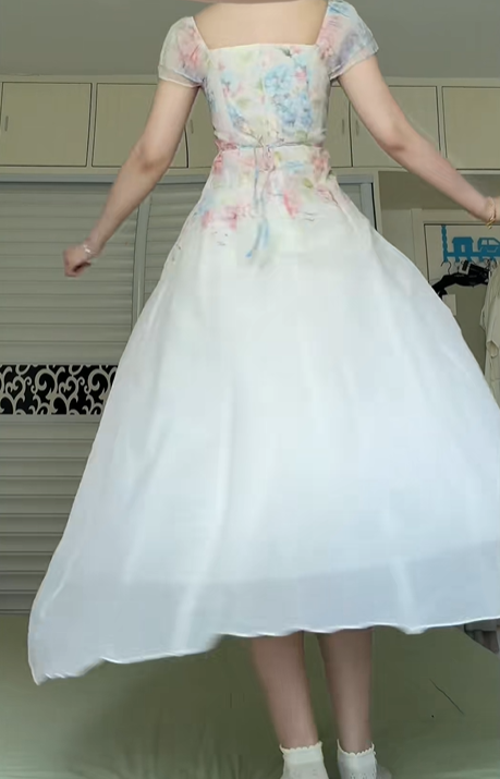 Watercolor Floral Print Long Evening Gown, Square Neck Cap Sleeve Bow Tie Chiffon A‑Line Prom Dress for Party Banquet gh8961
