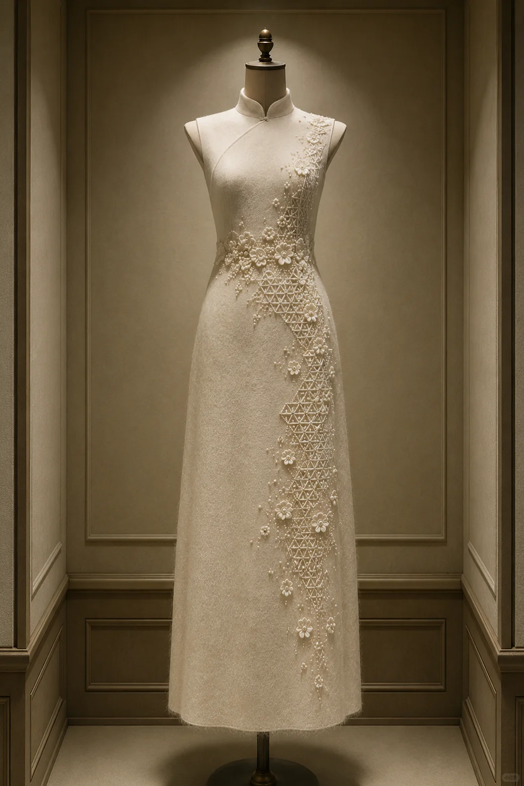 ✨Girlhomeshops-Off White Geometric Beaded Floral Sleeveless Long Qipao Cheongsam gh10406