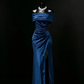 Dark Blue One Shoulder Waist-Cinched Long Evening Dress, Fairy Gown, Romantic Gown gh7366