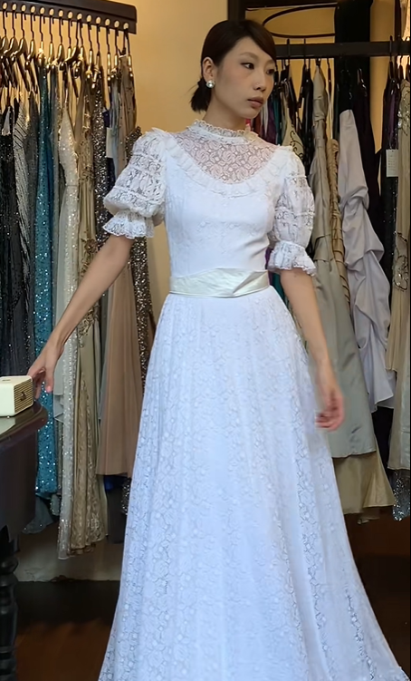 White Vintage Lace Evening Gown High Neck Puff Sleeve A-Line Long Wedding Guest Prom Dress gh9723