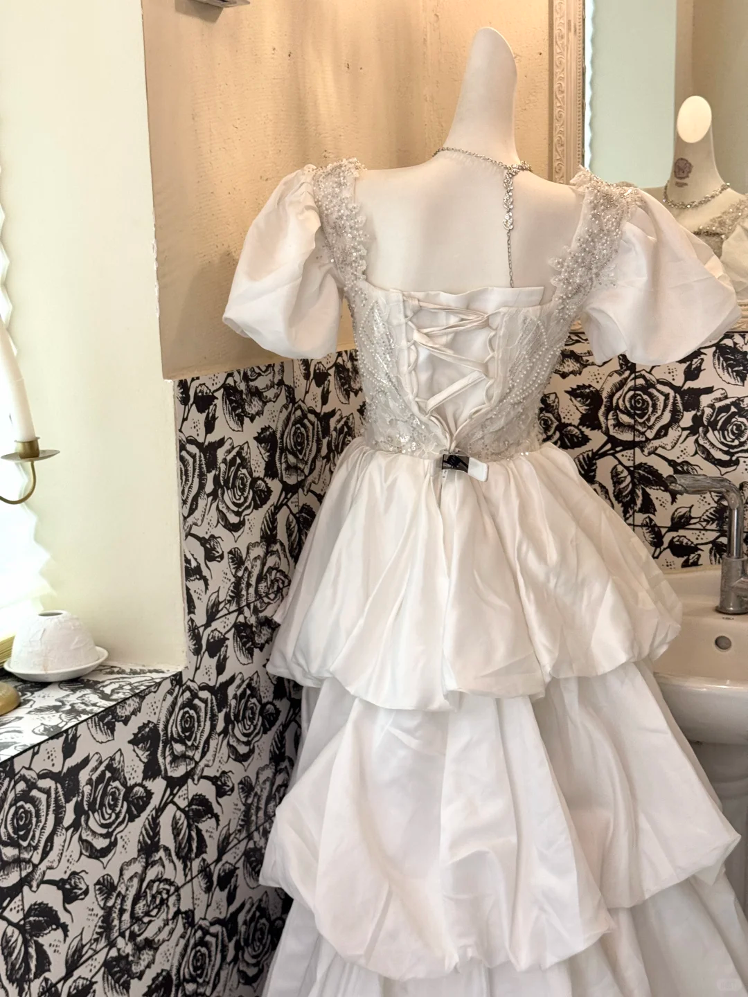 White Puff Sleeve Beaded Waist-Cinched Long Vintage Romantic Dress, Wedding Gown gh7501