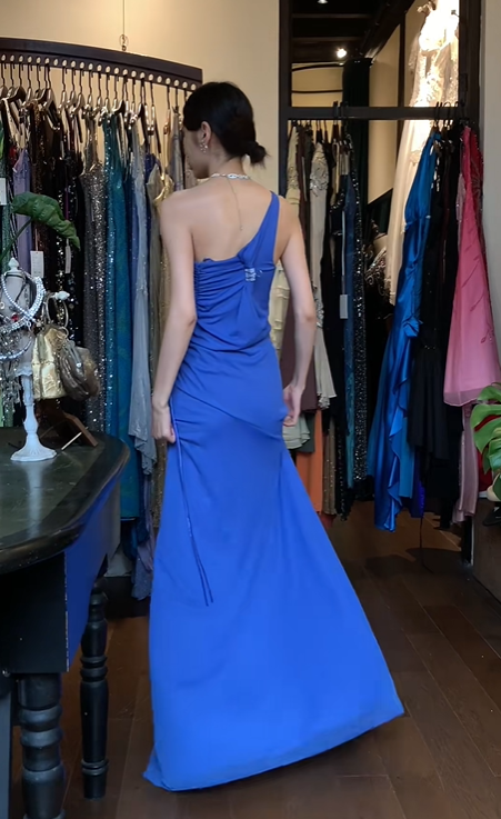 Royal Blue One Shoulder Long Formal Gown Chiffon Hand Beaded Evening Dress gh9646