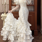 White Vintage Satin Mermaid Wedding Gown, V‑Neck Big Puff Short Sleeves, Sheer Lace Embroidered Long Sleeves, Full‑Body Lace Appliqués Fitted Mermaid Silhouette, Multi‑Layer Ruffle Tiered Mermaid Skirt, Prom & Wedding Dress gh8670