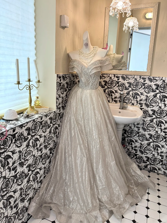 Light Champagne Off-the-Shoulder Waist-Cinched Full Flared Long Vintage Romantic Dress, Wedding Gown gh7591
