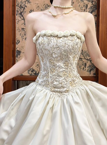 Ivory Vintage Satin Ball Gown Wedding Prom Dress, Strapless 3D Floral Trim, Beaded Embroidered Bodice, A‑Line Long Train gh8694