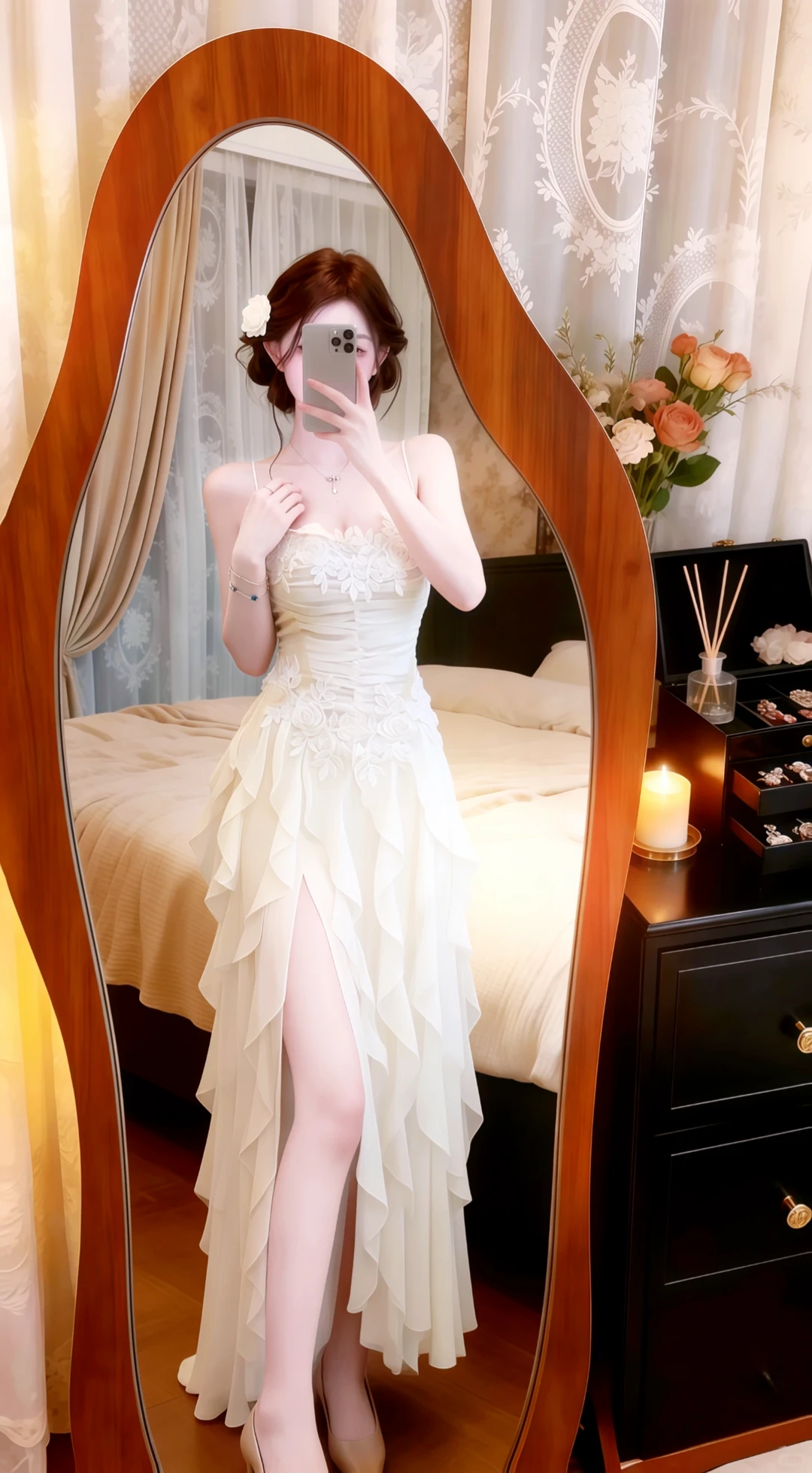 Cream Spaghetti Straps Evening Gown, 3D Rose Lace Appliques Ruched High‑Slit Ruffled Maxi Prom Dress gh9133
