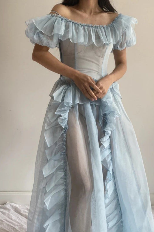 girlhomeshops-Blue Romantic Tulle Gown Long Pastel Toned Fairytale Dress gh5970