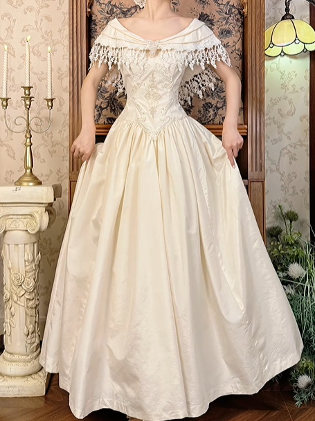 Off‑White Vintage Palace‑Style Neckline Fitted Waist Embroidered Full Flared Skirt Long Prom Gown, Wedding Dress gh8599