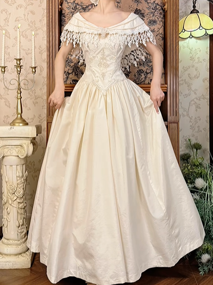 Off‑White Vintage Palace‑Style Neckline Fitted Waist Embroidered Full Flared Skirt Long Prom Gown, Wedding Dress gh8599