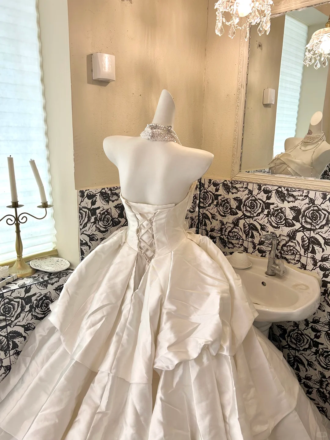 White Satin Strapless Vintage Cinched Waist Voluminous Skirt Long Romantic Dress, Wedding Gown gh7782