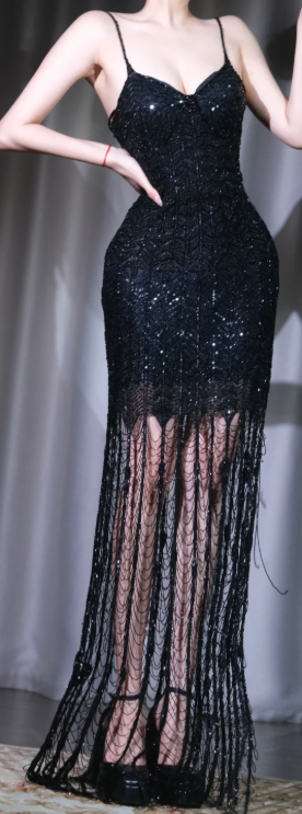✨Girlhomeshops-Black Spaghetti Strap Prom Gown Sequin Beaded Long Fringe Bodycon Evening Dress gh10073
