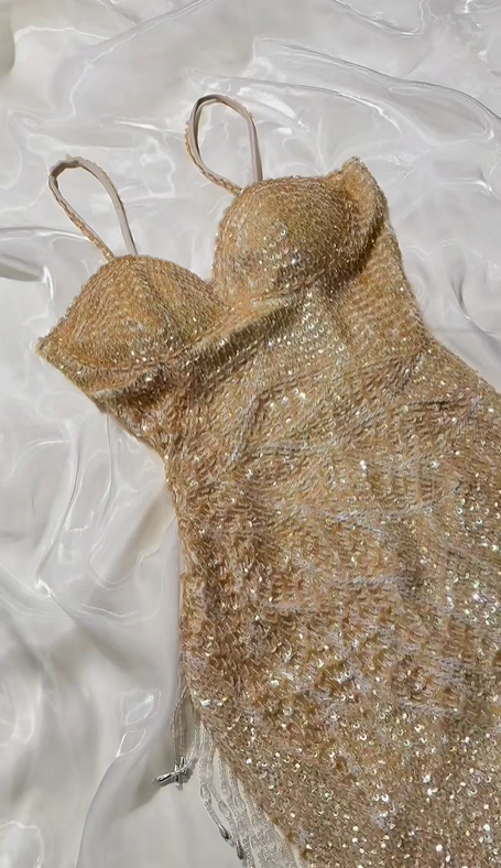 Elegant Champagne Gold Spaghetti Strap Sequin Fitted Waist Prom & Evening Party Dress gh8524