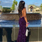 Robe de soirée longue et sexy à paillettes, dos nu, traîne longue, violette, brillante, gh3927