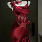 Girlhomeshops - Robe de soirée moulante bordeaux sexy à plusieurs couches en satin fendu, col licou, gh5450