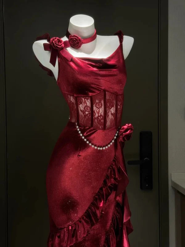 Girlhomeshops - Robe de soirée moulante bordeaux sexy à plusieurs couches en satin fendu, col licou, gh5450