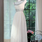 Off White Off Shoulder Silver Beaded Pleated Long Evening Dress, A-Line Chiffon Formal Gown gh9503
