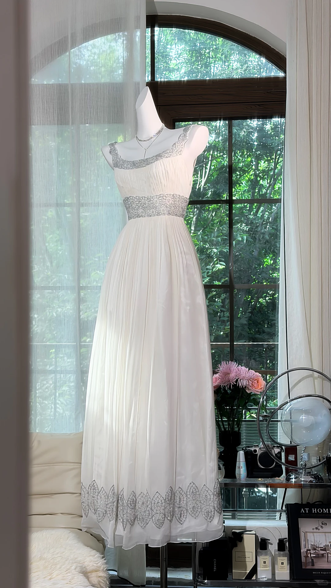 Off White Off Shoulder Silver Beaded Pleated Long Evening Dress, A-Line Chiffon Formal Gown gh9503