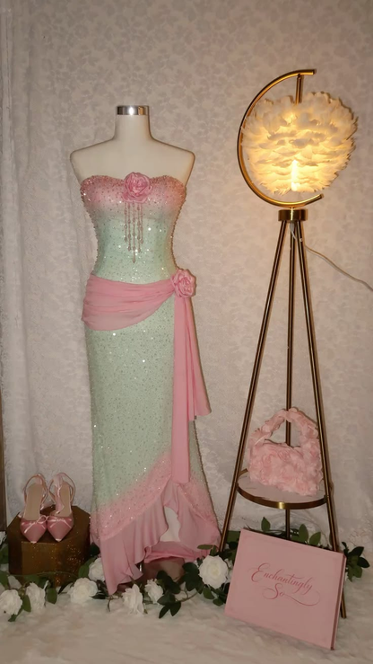 Pink Mint Green Ombre Strapless Mermaid Evening Gown, 3D Floral Beaded Sequin Prom Dress gh9287