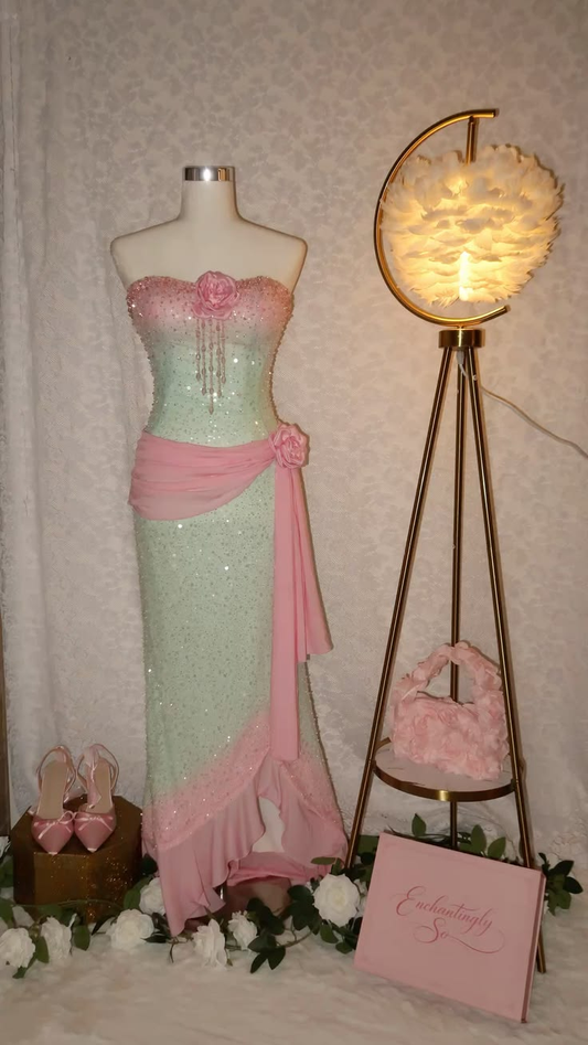Pink Mint Green Ombre Strapless Mermaid Evening Gown, 3D Floral Beaded Sequin Prom Dress gh9287