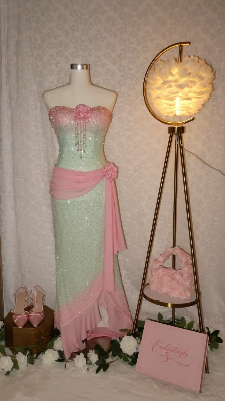 Pink Mint Green Ombre Strapless Mermaid Evening Gown, 3D Floral Beaded Sequin Prom Dress gh9287