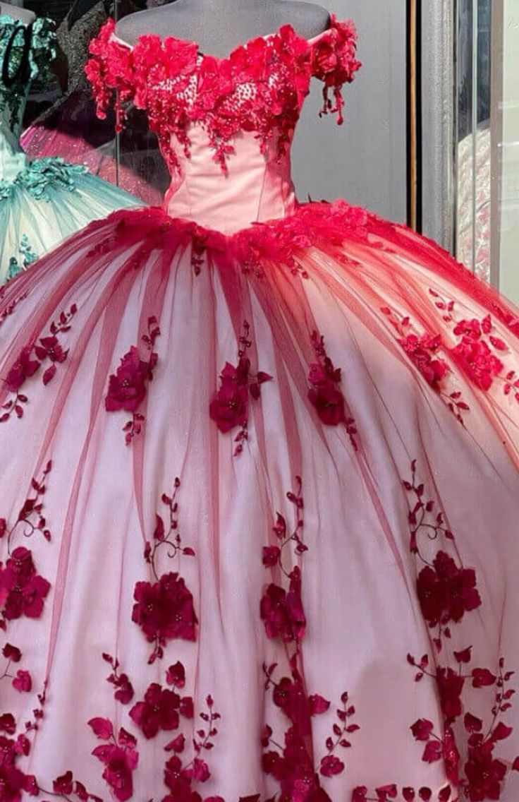 Rotes wunderschönes, exquisites, süßes Blumenapplikations-Langtüll-Ballkleid-Abendkleid-Brautkleid gh3345