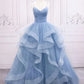 Green/blue long shiny elegant spaghetti straps long ruffled organza ball gown evening dress quinceanera dress gh903