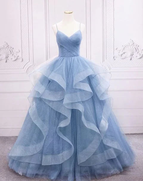 Green/blue long shiny elegant spaghetti straps long ruffled organza ball gown evening dress quinceanera dress gh903