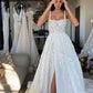 White fantasy square neck slit lace applique long tulle backless bridal gown wedding dress gh2404