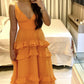 Orange Elegantes Sexy V-Ausschnitt Spaghettiträger Lange Chiffon Rüschen Ballkleid Abendkleid Partykleid gh3321