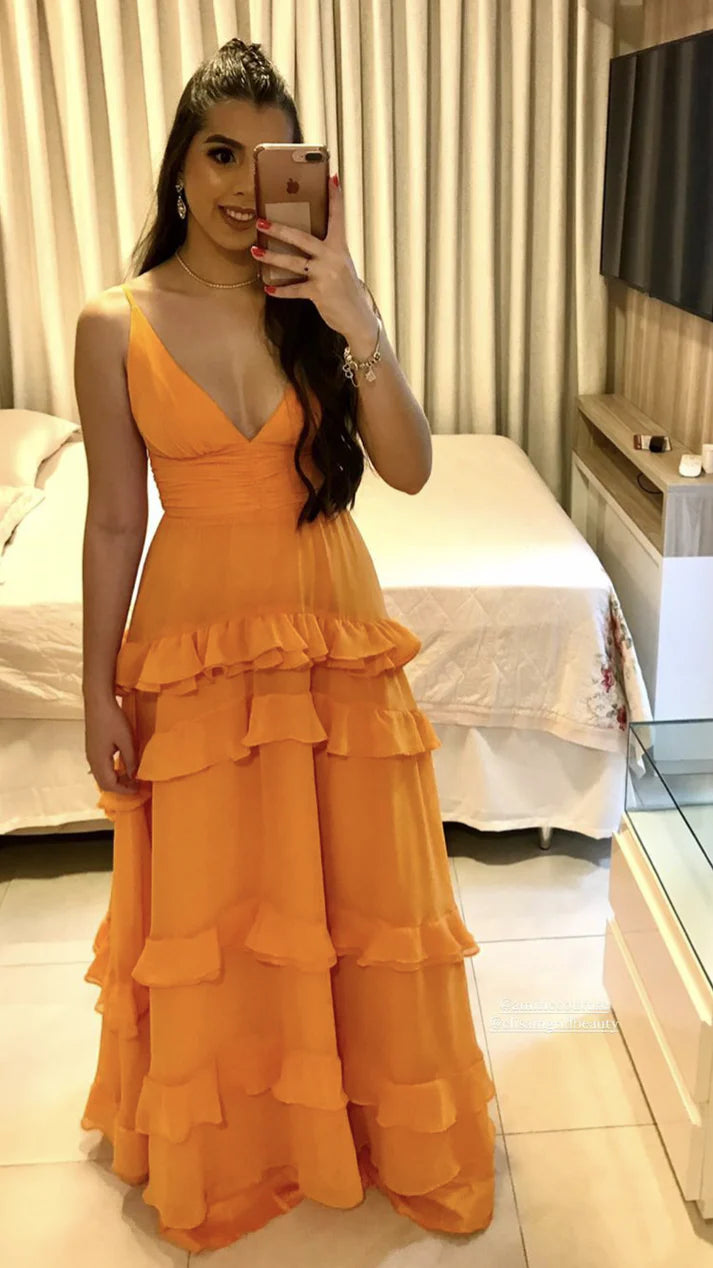 Orange Elegantes Sexy V-Ausschnitt Spaghettiträger Lange Chiffon Rüschen Ballkleid Abendkleid Partykleid gh3321