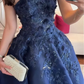 Marineblaues, trägerloses Ballkleid mit 3D-Blumenapplikationen und Perlenstickerei, bodenlanges Abendkleid für formelle Hochzeiten und Abendveranstaltungen gh7098