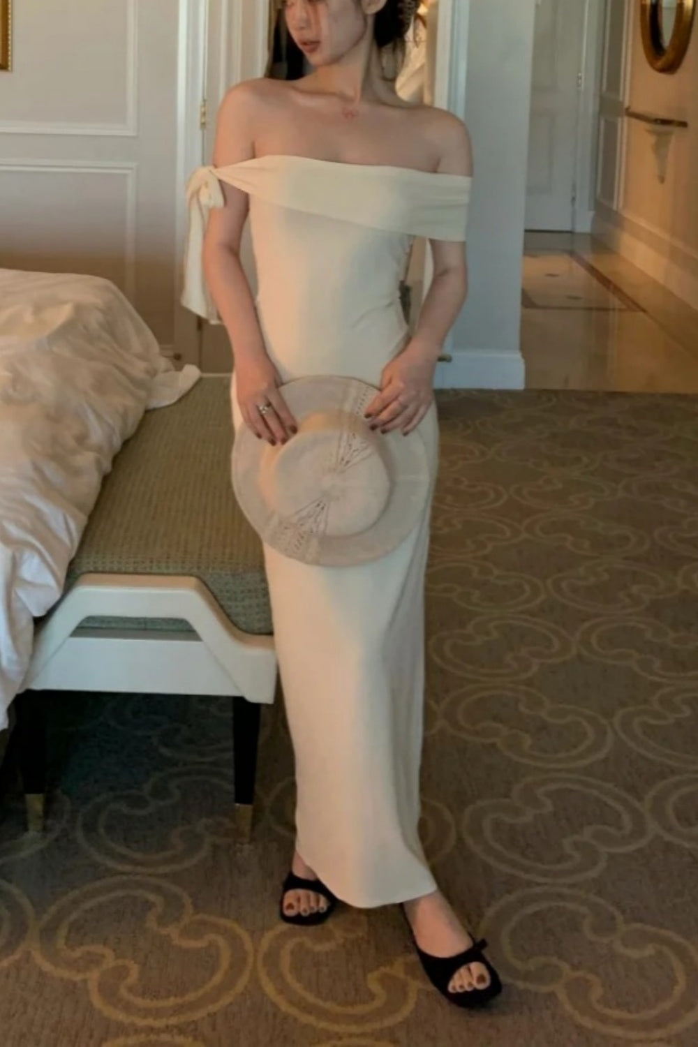 Off-the-Shoulder Satin Slim Maxi Dress, Elegant Date Night Gown gh7066