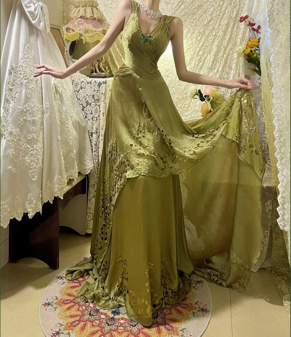 Robe de bal longue en satin à volants, élégante et vintage, style papillon, verte, robe de soirée, robe de remise de diplôme, gh4258