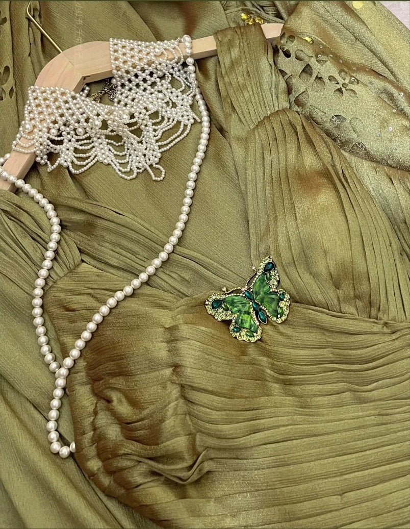Robe de bal longue en satin à volants, élégante et vintage, style papillon, verte, robe de soirée, robe de remise de diplôme, gh4258