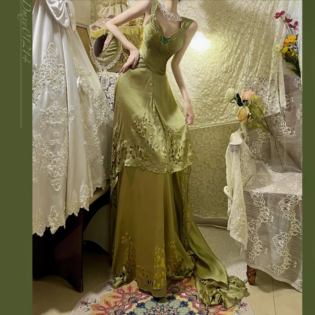 Green Vintage Elegant Butterfly Fashion Long Ruffled Satin Prom Dress girlhomeshops Green Vintage Elegant Butterfly Fashion Long Ruffled Satin Prom Dress girlhomeshops