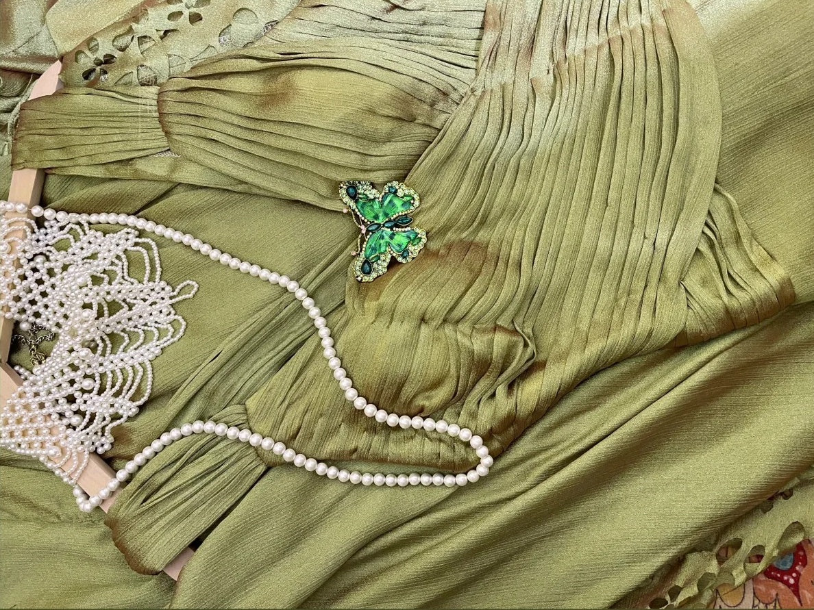 Robe de bal longue en satin à volants, élégante et vintage, style papillon, verte, robe de soirée, robe de remise de diplôme, gh4258