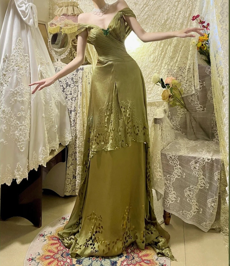 Robe de bal longue en satin à volants, élégante et vintage, style papillon, verte, robe de soirée, robe de remise de diplôme, gh4258