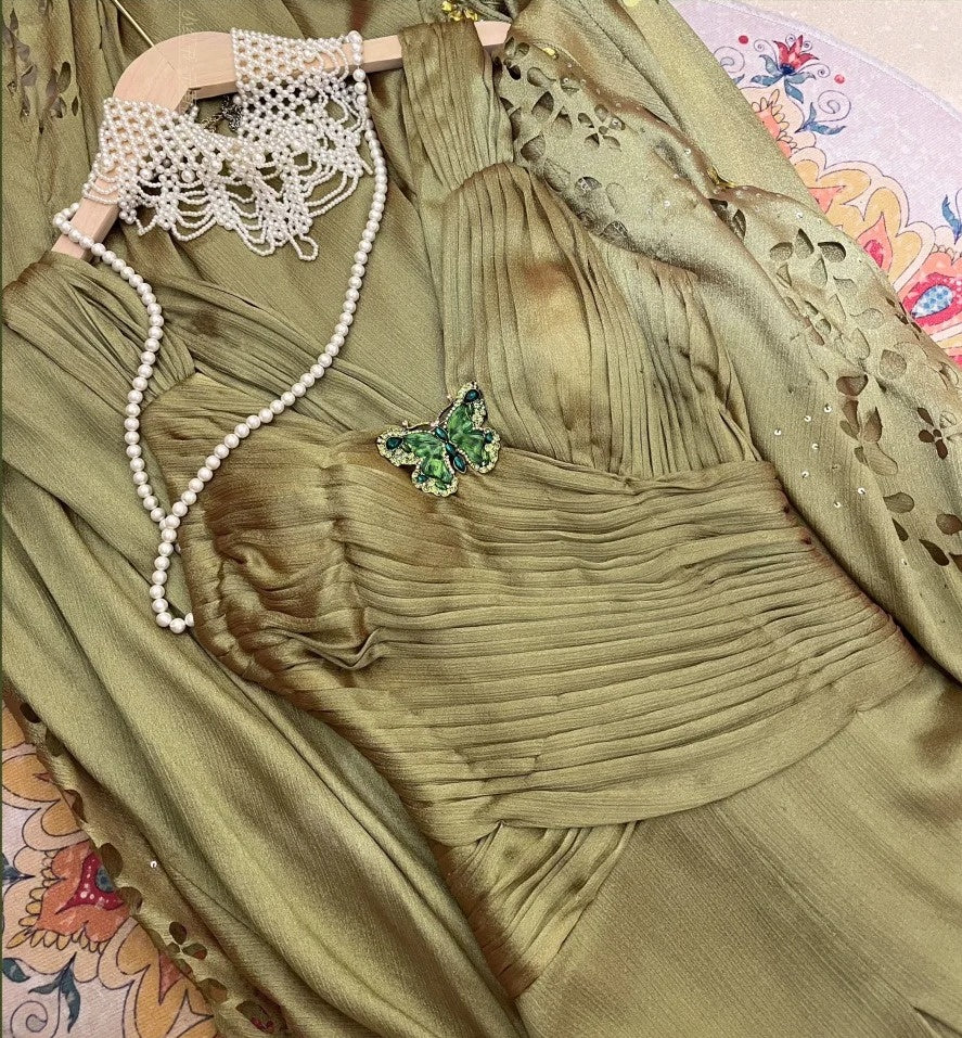 Robe de bal longue en satin à volants, élégante et vintage, style papillon, verte, robe de soirée, robe de remise de diplôme, gh4258