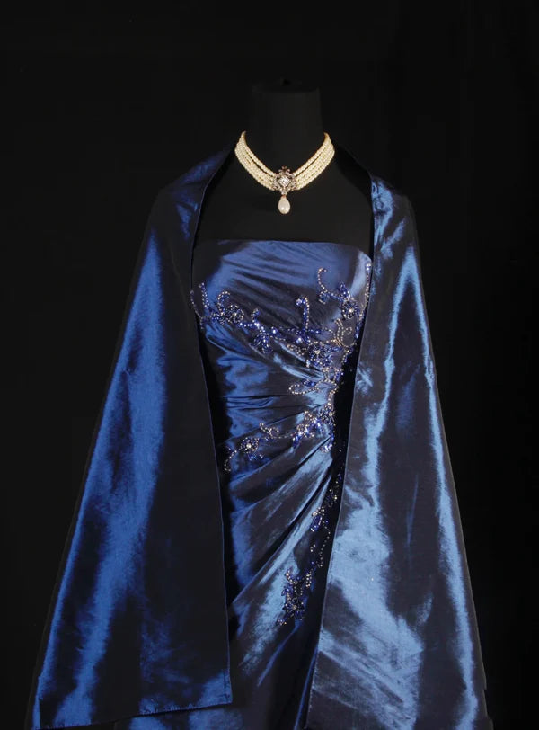 Robe de bal longue en satin bleu marine, élégante et vintage, épaules dénudées, robe de soirée, gh4246