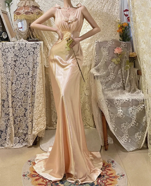 Morandi hellrosa florales langes Satin-Ballkleid, Abendkleid, Partykleid, gh4489