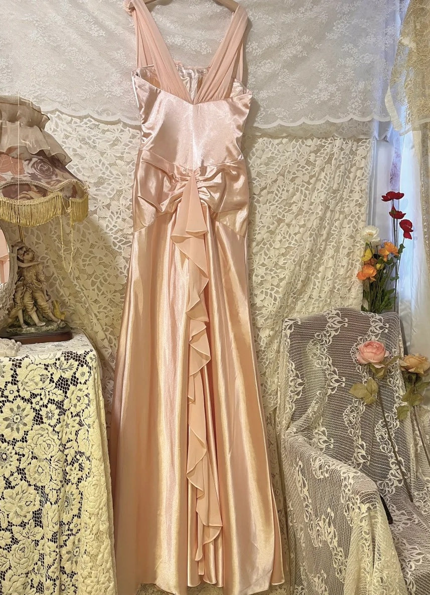 Morandi hellrosa florales langes Satin-Ballkleid, Abendkleid, Partykleid, gh4489