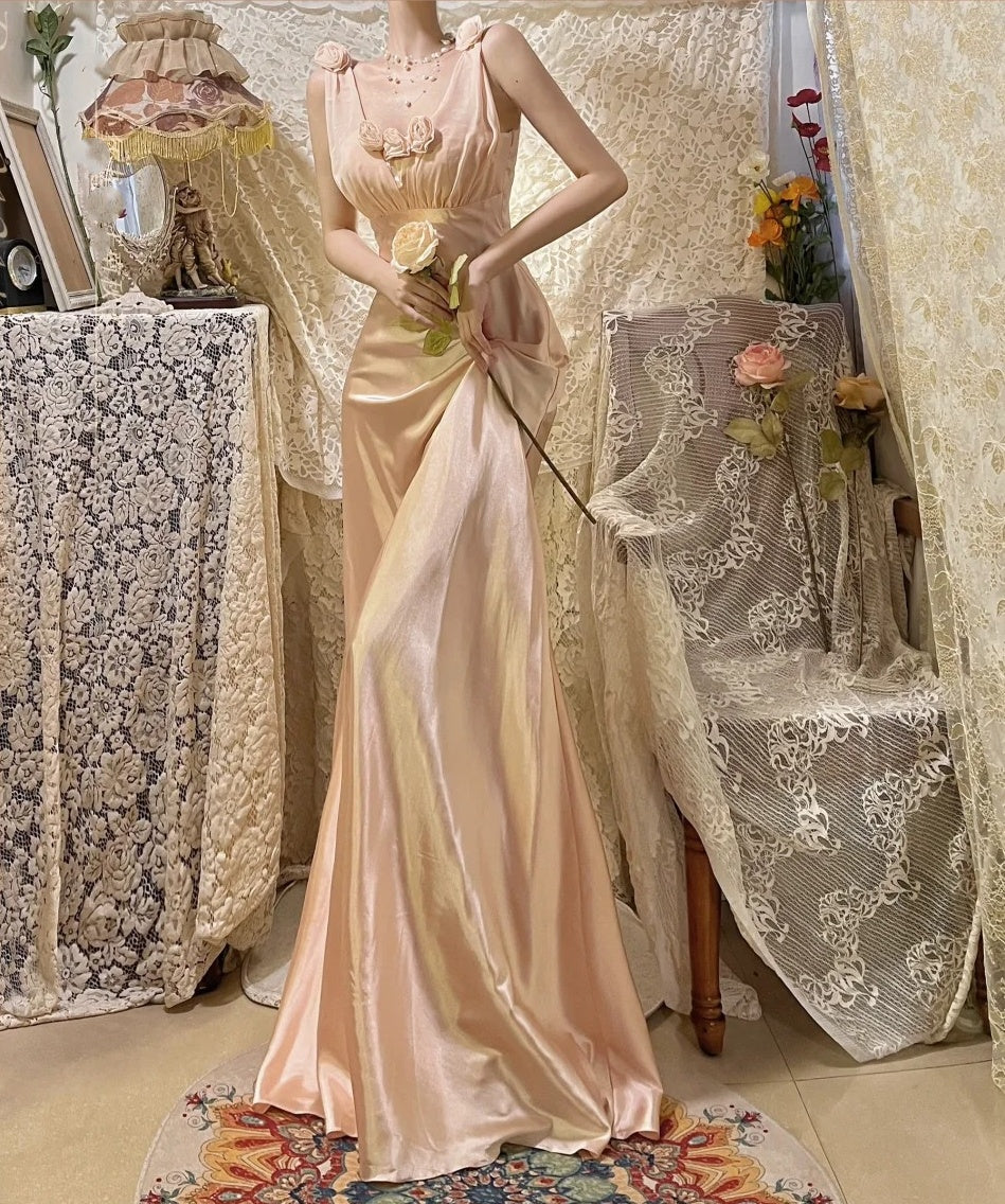 Morandi hellrosa florales langes Satin-Ballkleid, Abendkleid, Partykleid, gh4489