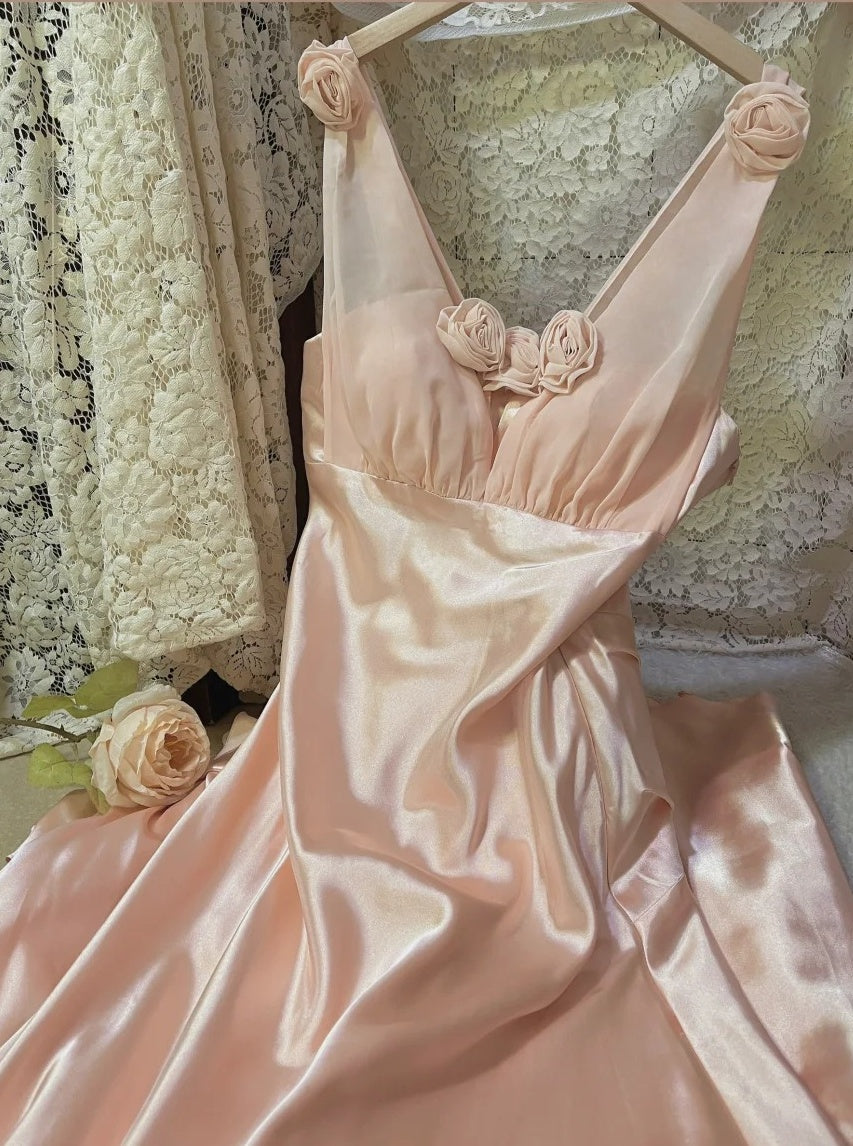 Morandi hellrosa florales langes Satin-Ballkleid, Abendkleid, Partykleid, gh4489