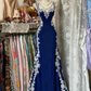 girlhomeshops-Retro Psychedelic Style Black Tulle & White Lace Spaghetti - Strap Maxi Long Birthday Fantasy Dress gh5883