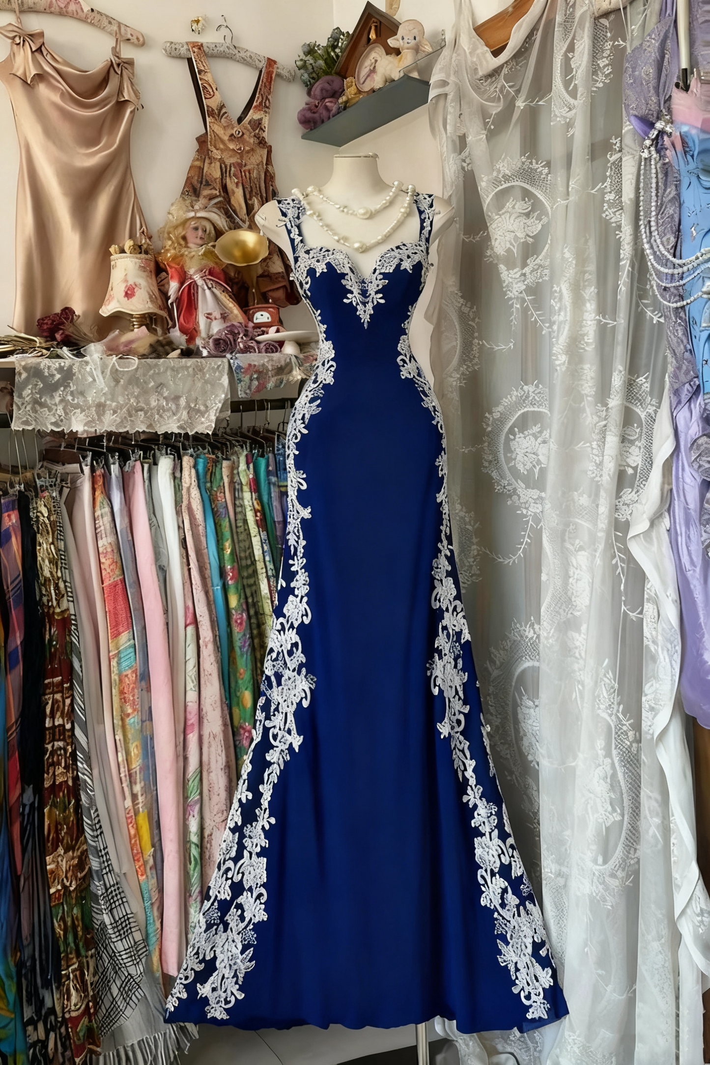 girlhomeshops-Retro Psychedelic Style Black Tulle & White Lace Spaghetti - Strap Maxi Long Birthday Fantasy Dress gh5883